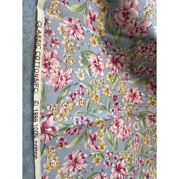 Floral Cotton Fat Quarter Fabric 18x22" Blue Background Pink Yellow Flowers - Picture 4 of 5
